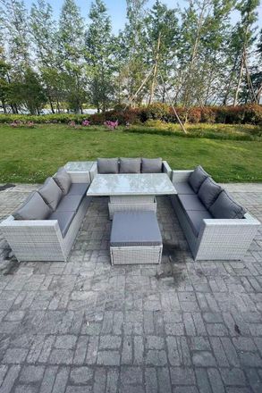 Fimous Lounge Rattan Garden Furniture Set Adjustable Rising Lifting Table Dining Set Side Coffee Tea Table in Light Grey