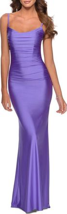 La Femme Long Ruched Jersey Dress with Thin Straps in Periwinkle at Nordstrom, Size 12