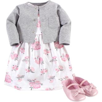Hudson Baby Cotton Dress, Cardigan and Shoe Set in Pink Gray Floral at Nordstrom, Size 3-6M