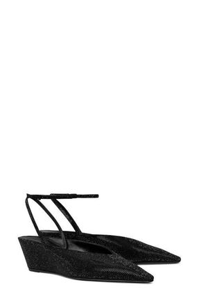 Tory Burch Ankle Strap Pav&eacute; Pointed Toe Wedge Pump in Perfect Black at Nordstrom, Size 10.5