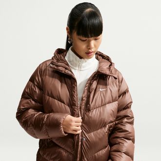 Nike Womens Nike Sportswear Windpuffer Loose Storm-FIT Hooded Down Jacket in Brown | IF5915-259