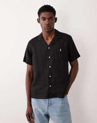 Polo Ralph Lauren Camicia a maniche corte in lino nera con logo-Nero