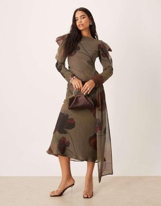 Asos Vestito lungo grigio con stampa a fiori e drappeggio sulle spalle-Multicolore