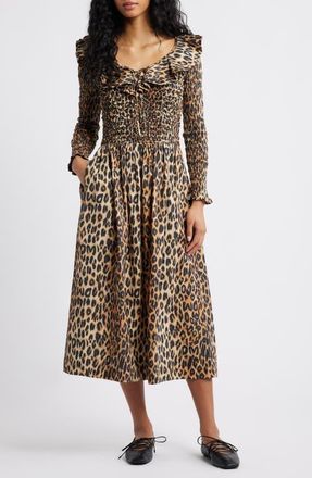 Damson Madder Harper Smocked Long Sleeve Midi Dress in Leopard at Nordstrom, Size 10 Us