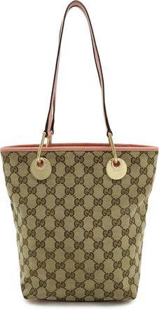 Gucci Beige Khaki Pink Canvas Leather Shoulder Bag Tote Bag (Pre-Owned)