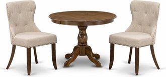 East West Furniture HBSI3-AWA-04 3 Piece Dining Table Set - Acacia Walnut Dining Table and 2 Light Tan Linen Fabric Dining Chairs Button Tufted Back with Nail Heads - Aca