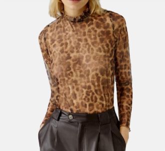 Oui Mock Neck Animal Print Sheer Top In Camel/grey