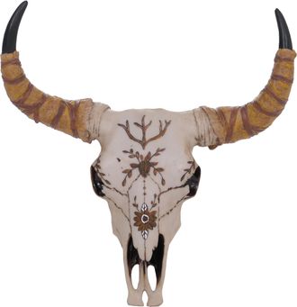 Hhg [nunca Usado] Calavera Decorativa Hhg-471, Trofeo De Cabeza De Toro De Cuernos Largos De Poliresina Con Adornos, Para Interior/exterior, 41 Cm