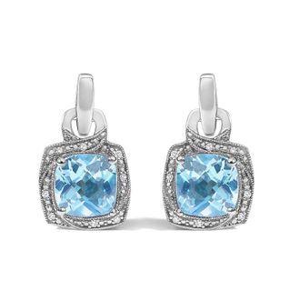 House of Brilliance Sterling Silver Cushion Cut Blue Topaz and Diamond Accent Geometric Dangle Earrings