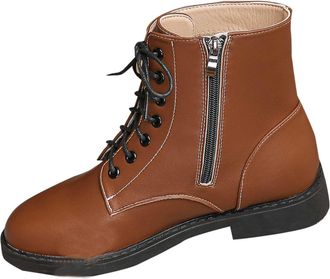 Generic Ankle Boots for Women Lace Up Combat Boot Faux Leather Biker Boots Ladies Low Heel Booties with Side Zipper Shoes Casual Riding Boot Winter Short Boot