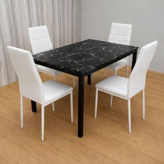 Kosy Koala Black Marble Effect Dining Table with 4 White Faux Leather Chairs in Brown