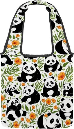 Generic Cute Panda Pattern Reversible Canvas Shoulder Tote - Double-Sided Print, 12oz Cotton, 27cm Drop, Fold-Flat Bag for Travel, Shopping, Street Outings