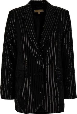 Michael Kors Nauwsluitende Boyfriend Blazer van Cr&ecirc;pe met Pinstripe en Pailletten - Dames - Blazers - Zwart - XS - Pailletten - Jassen