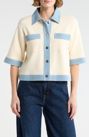 Nanette Lepore Denim Trim Short Sleeve Cardigan in Ecru/Light Denim at Nordstrom Rack, Size X-Large