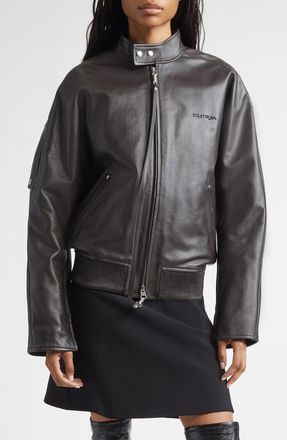 Courrèges Embroidered Leather Bomber Jacket in Dark Brown at Nordstrom, Size Medium