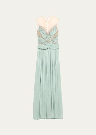 Costarellos Branka Embellished Crisscross Lurex Georgette Illusion Gown