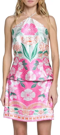 Ciebon Maika Floral Dot Satin Halter Top in Pink at Nordstrom, Size X-Small