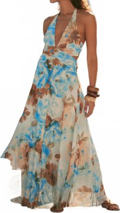 Promesa Floral Mesh Halter Cut-Out Maxi Dress In Taupe/blue