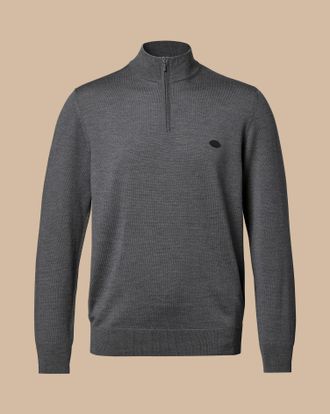 CHARLES TYRWHITT New York Jets Pure Merino Zip Neck Wool Jumper - Grey Size Large by Charles Tyrwhitt