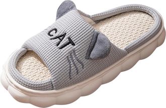 Generic Gray Womens Slip-On Slippers with Linen Material and Cartoon Cat Design for Indoor and Outdoor Casual Wear Cloth Comfort Fit