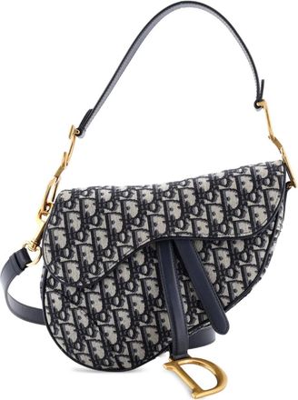 Dior Borsa a spalla Saddle media in tela con motivo Oblique con tracolla - Blu