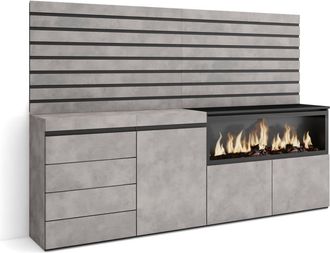 Skraut Home Aparador efecto madera cemento 214x35x145cm chimenea efecto fuego