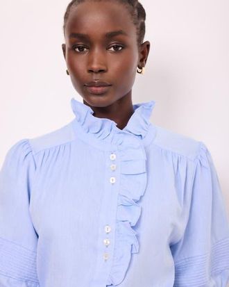 Mint Velvet Cotton Chambray Ruffle Blouse in Blue at Nordstrom, Size X-Large
