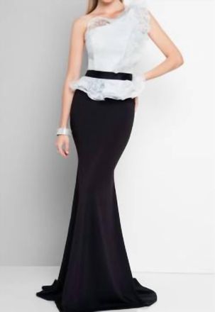 Terani Couture Lace Peplum Gown In Black/white