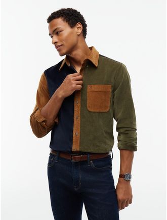 Tommy Hilfiger Mens Regular Fit Colorblock Corduroy Shirt - Highland Khaki - XXL