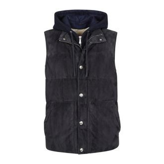 Eleventy Waistcoats, male, Blue, 4XL, Suede Padded Vest with Detachable Hood