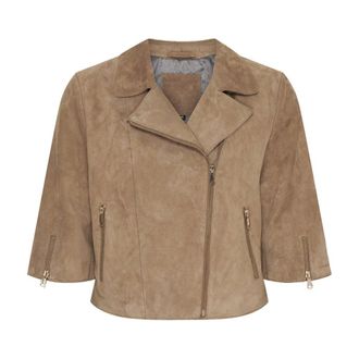 Notyz Leather Jackets, female, Beige, Size: 3XL Short Suede Jacket Dark Stone Gold