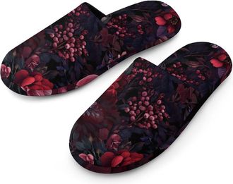 Generic Dark Roese Flannel Mens Slip-on Slippers Winter Warm House Shoes with Rubber Sole for Home Hotel