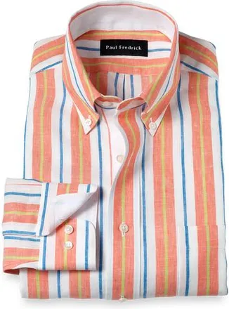 Paul Fredrick Linen Buttondown Collar Poplin Tailored Contrast Trim Button Cuff Long Sleeve in White Multi at Nordstrom, Size 16 X 33