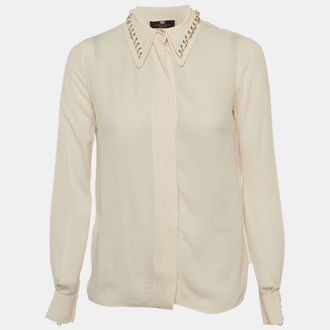 Elisabetta Franchi Beige Crepe Studded Collar Shirt