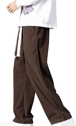 Generic Corduroy Trousers for Men Straight Wide Leg Trouser Drawstring Elastic Waist Casual Pants Plain Loose Fit Bottoms Trendy Mens Lounge Wear with Pockets