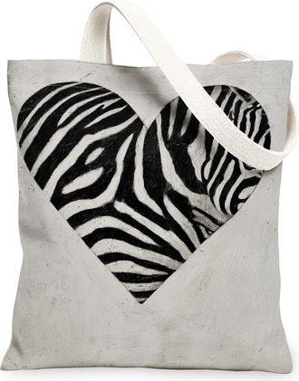 Generic Striped Horse Heart Canvas Tote Bags, Animal Print Reusable Grocery Bags, Spring Lightweight Washable Shoulder Strap Canvas, Gray, 13x15 Inch