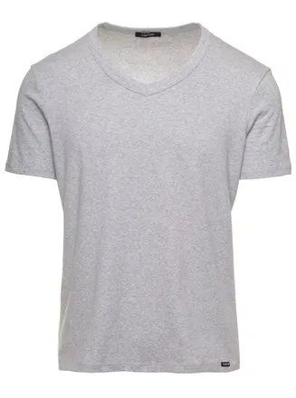 Tom Ford Grey Cotton V-Neck T-Shirt