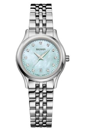 Balmain Beleganza Diamond & Mother-of-Pearl Bracelet Watch, 27.5mm in Mint Mop Stainless Steel at Nordstrom