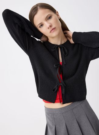 Twik Womens Three bows ribbed Cardigan Sweater