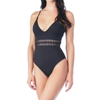 Kenneth Cole Weave Cross Back One Piece Swimsuit In Solid Black