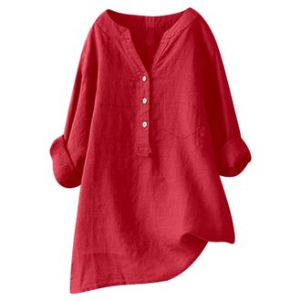 Generic Women Loose Solid Linen Shirt Long Sleeve Button Up Mandarin Collar Top Athletic Short Sleeve Shirt Women Red