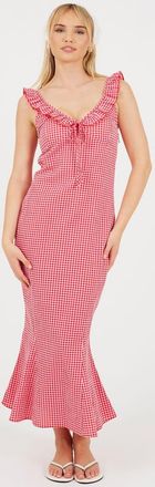 Brave Soul Vestito lungo senza maniche rosso a quadretti con volant sul collo