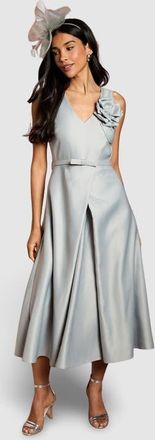 Coast Structured Satin 3D Corsage Midi Dress in Silver at Nordstrom, Size 14