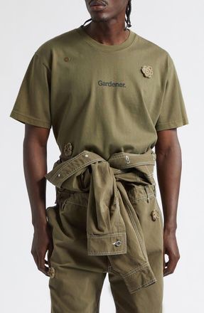 Song for the Mute x Birkenstock The Gardener Crochet Flower Long Sleeve Drill Jumpsuit in Army Green at Nordstrom, Size X-Large