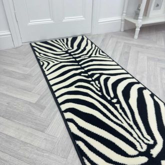 Runrug Zebra Print Long Hallway Carpet Runner in White | Size: 70 cm x 330 cm