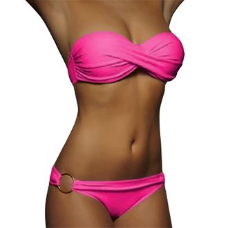 Generic Womens Strapless Bandeau Bikini Set Push Up Padded Bandeau Bikini Sets for Women UK Sexy Halter Bikinis Top & String Bottom Backless Swimming Costume 
