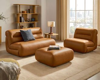 Castlery Tovi Leather 2 Seater Armless Couch with Ottoman, Mocha for Living Room, Brown, Castlery