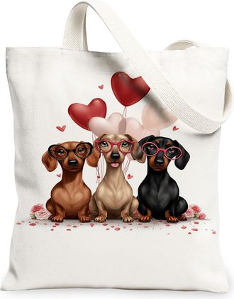 Generic Cute Dog Canvas Tote Bags, Adorable Animal Design Reusable Grocery Bags, ValentineS Day Lightweight Washable Shoulder Stra, White, 13x15 Inch