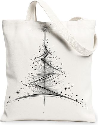 Generic Christmas Tree Canvas Tote Bags, Stylish Holiday Design Reusable Shopping Bags, Winter Minimalistic Lightweight Washable Ca, White, 13x15 Inch