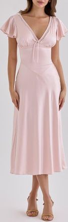 House of CB Ravella Silk V-Neck Midi Dress in Crystal Pink at Nordstrom, Size X-Large